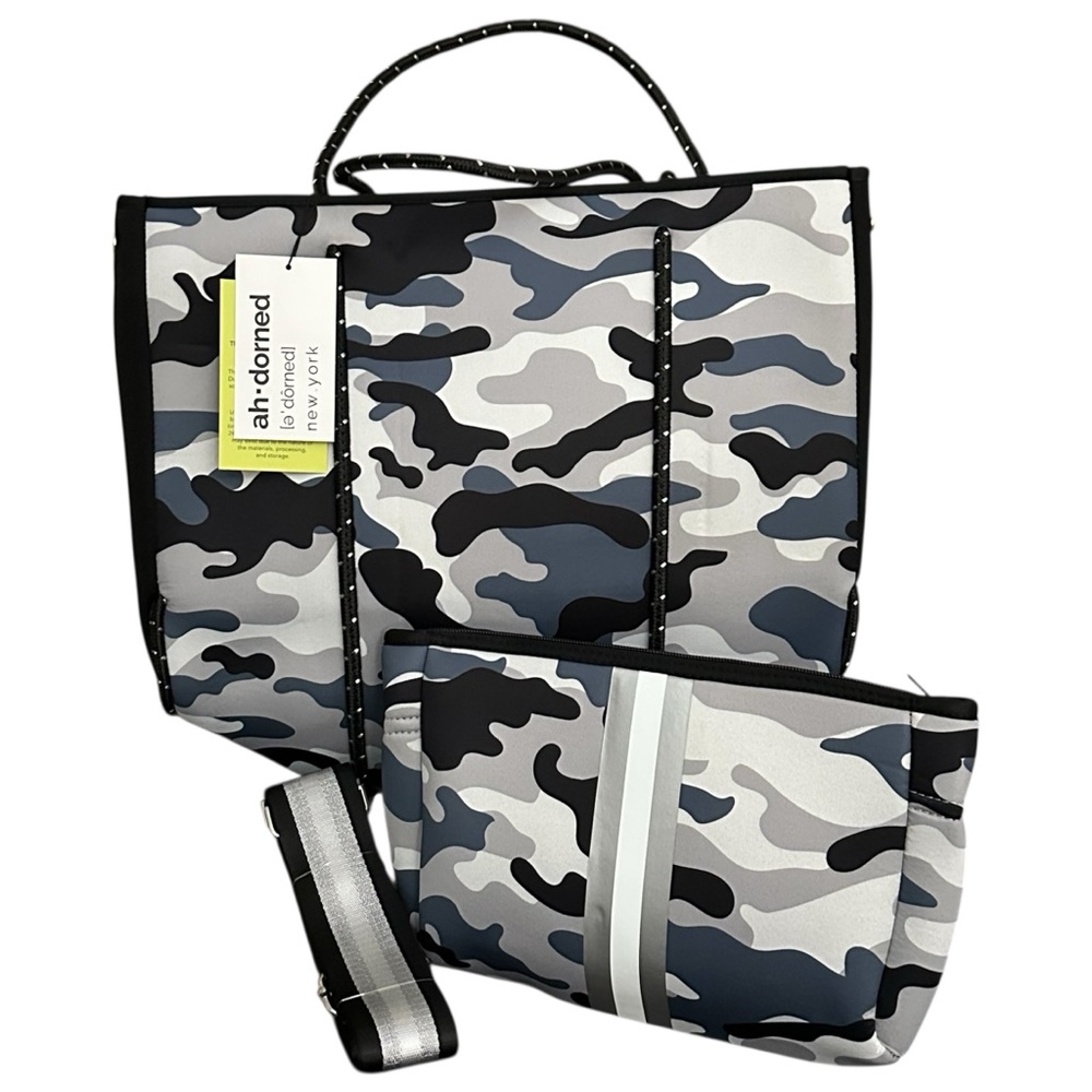 NWT Ahdorned Neoprene Expandable Tote Grey Camo Handles Strap Removable Pouch - Picture 7 of 7